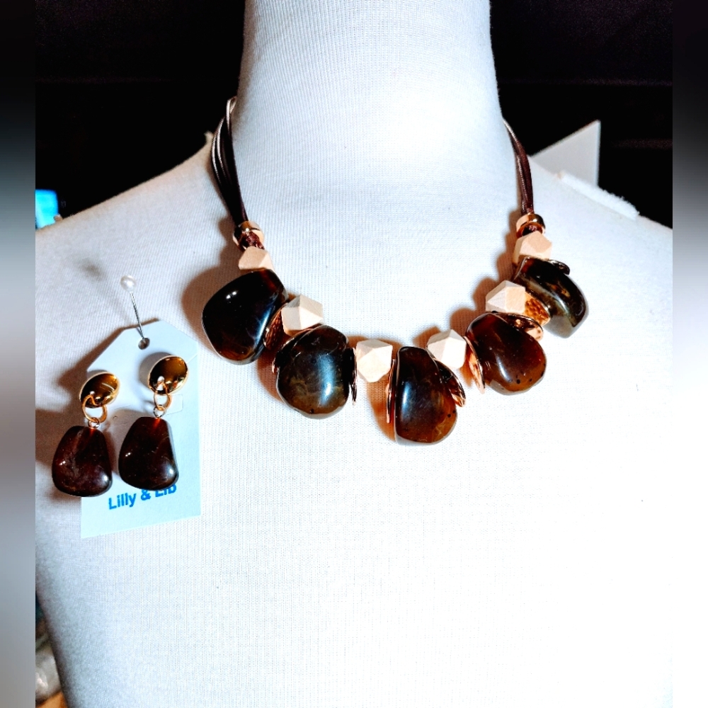 Brown and Gold Necklace and Earring Set